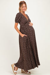 Brown Floral V-Neck Short Sleeve Maternity Maxi Dress