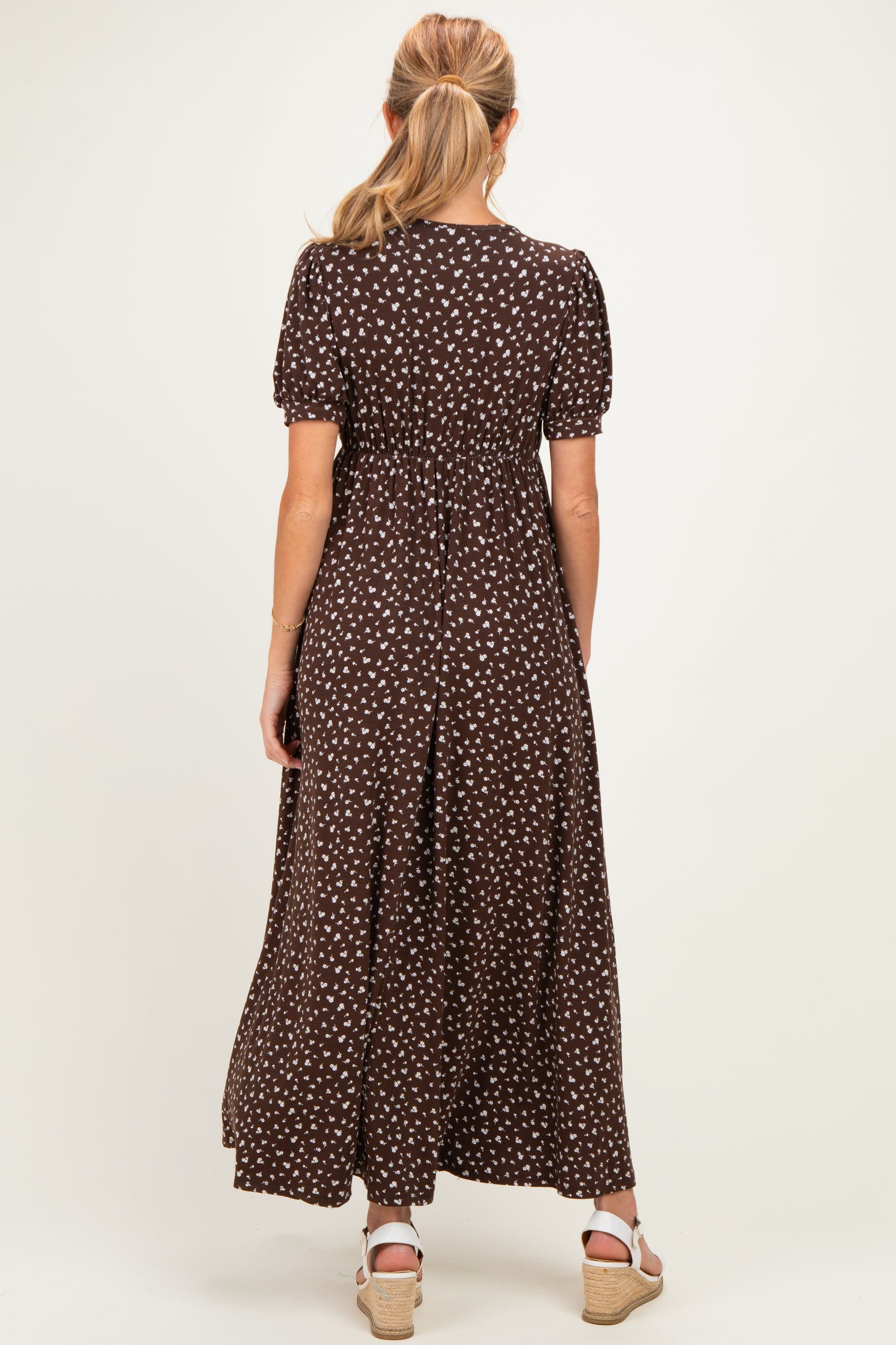 Brown Floral V-Neck Short Sleeve Maternity Maxi Dress