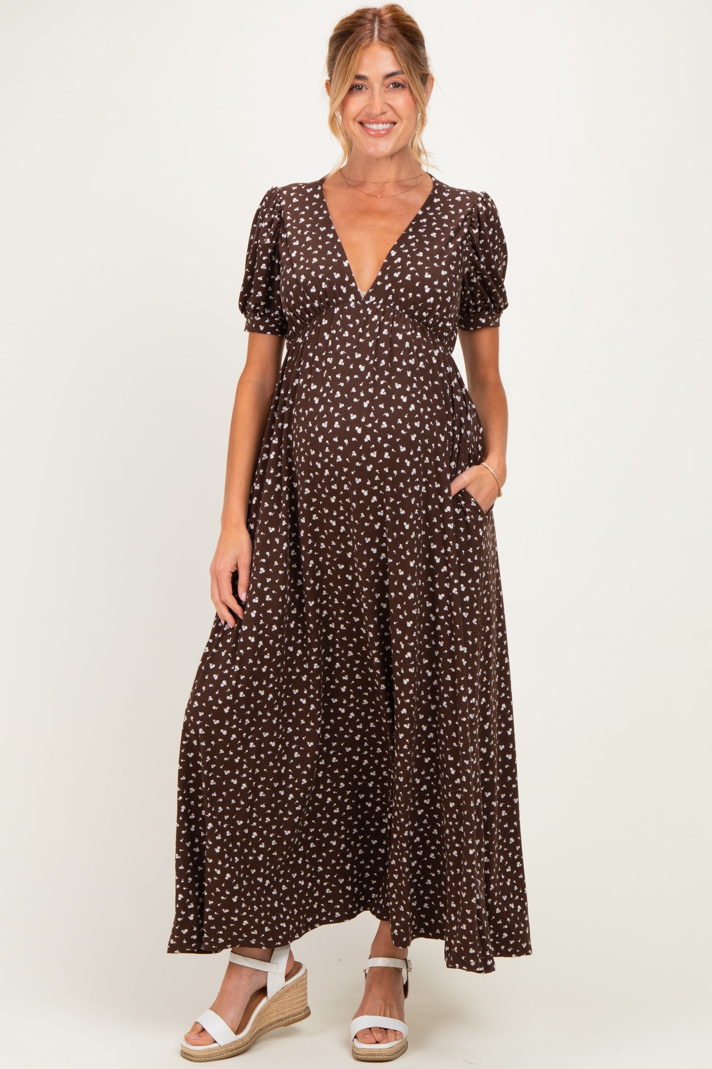 Brown Floral V-Neck Short Sleeve Maternity Maxi Dress