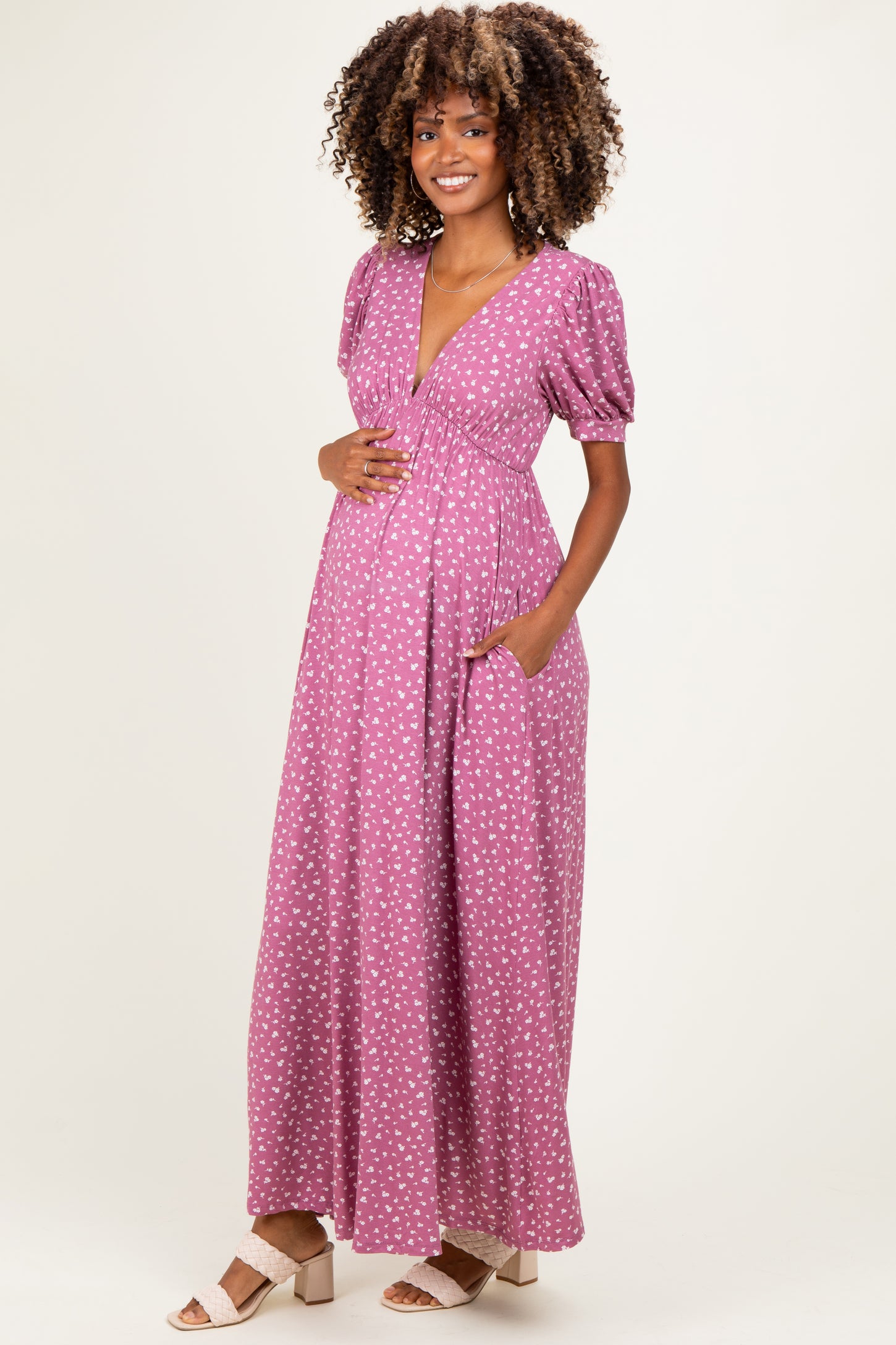 Mauve Floral V-Neck Short Sleeve Maternity Maxi Dress – PinkBlush