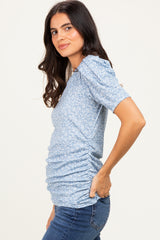 Light Blue Floral Short Sleeve Ribbed Top