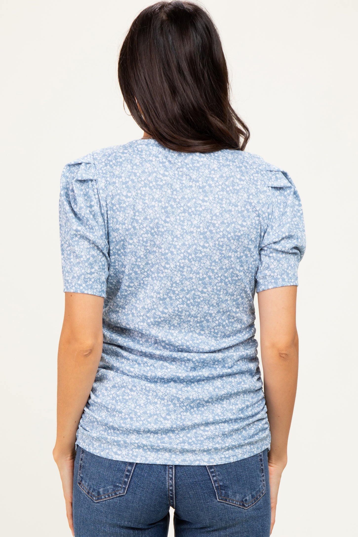 Light Blue Floral Short Sleeve Ribbed Top