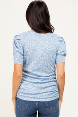 Light Blue Floral Short Sleeve Ribbed Top