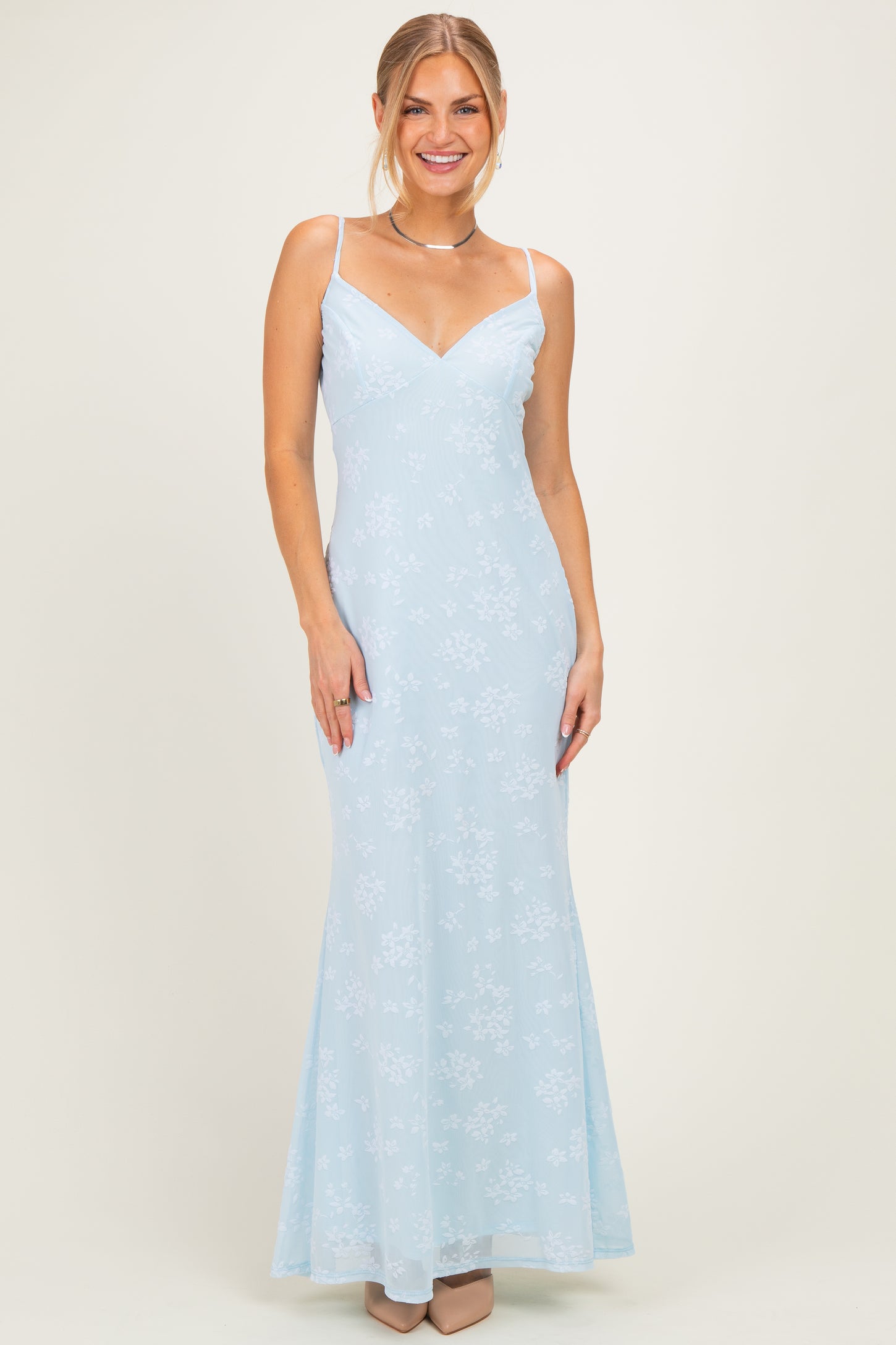 Light Blue Floral Sleeveless V-Neck Maxi Dress