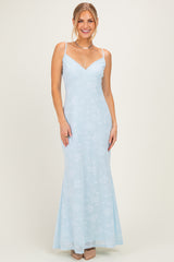 Light Blue Floral Sleeveless V-Neck Maxi Dress