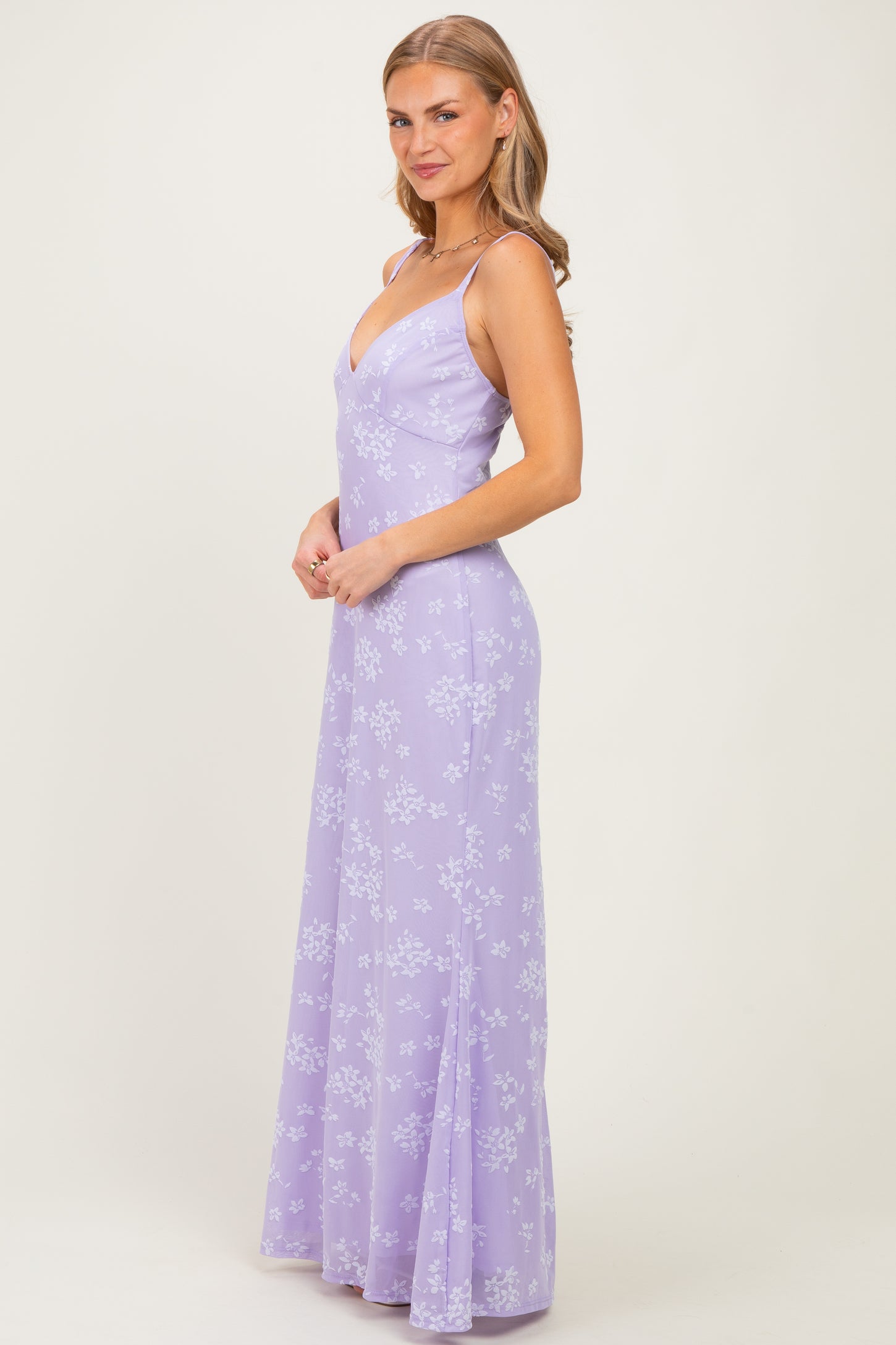 Lavender Floral Sleeveless V-Neck Maxi Dress