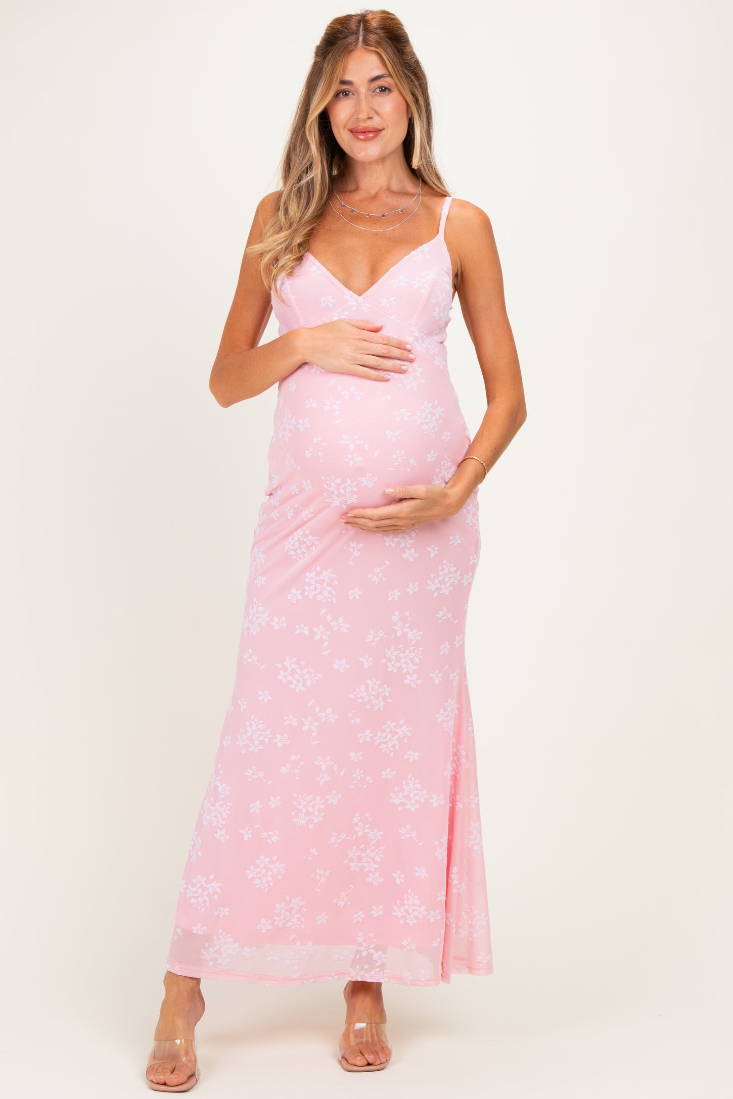 Pink Floral Sleeveless V-Neck Maternity Maxi Dress