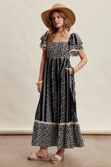 Black Floral Border Print Flutter Sleeve Maxi Dress