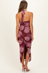 Mauve Mesh Print Halter Neck Maternity Maxi Dress