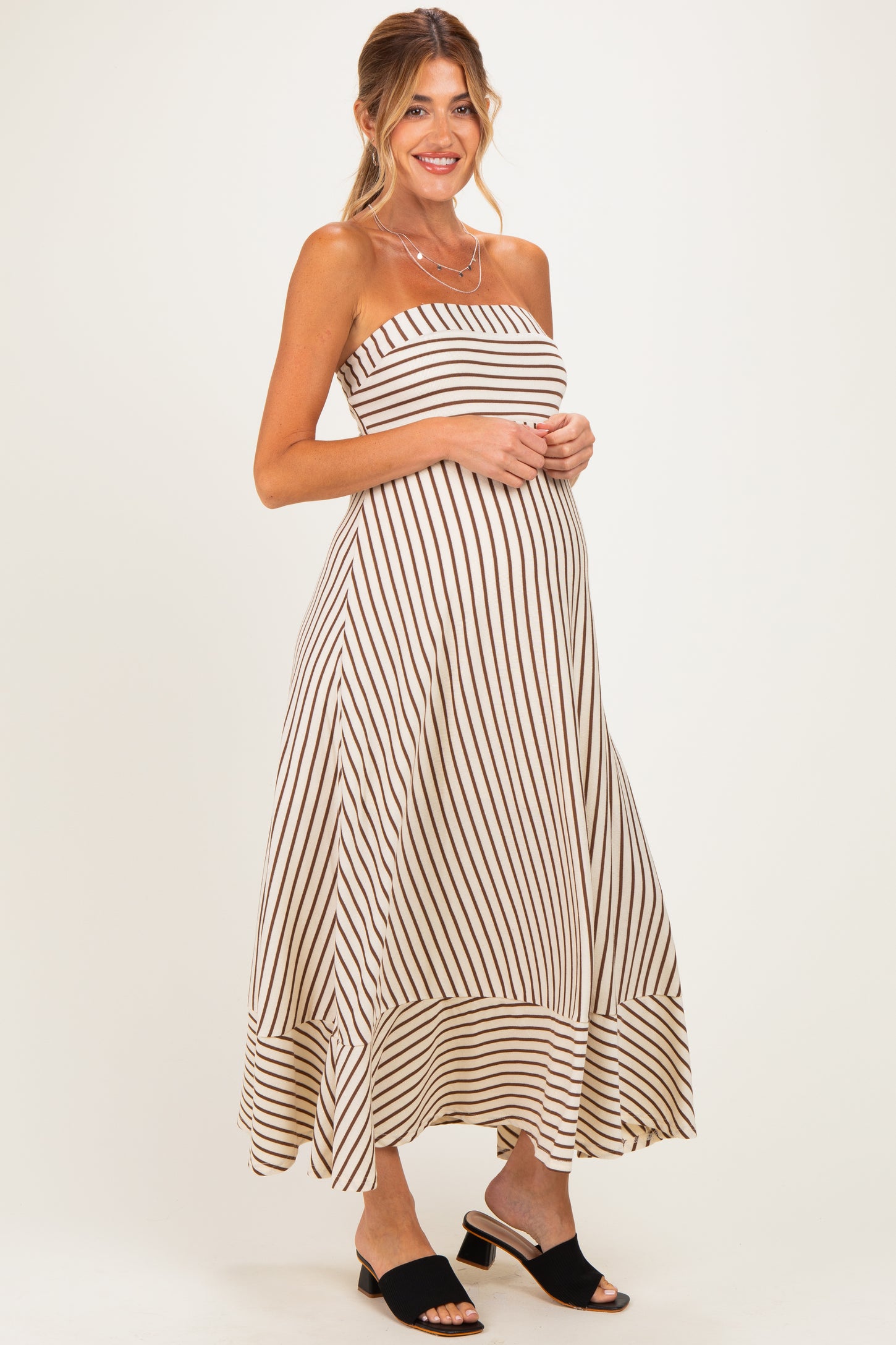 Cream Brown Striped Strapless A-Line Maternity Maxi Dress – PinkBlush