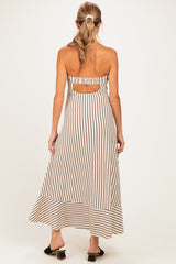 Cream Brown Striped Strapless A-Line Maternity Maxi Dress