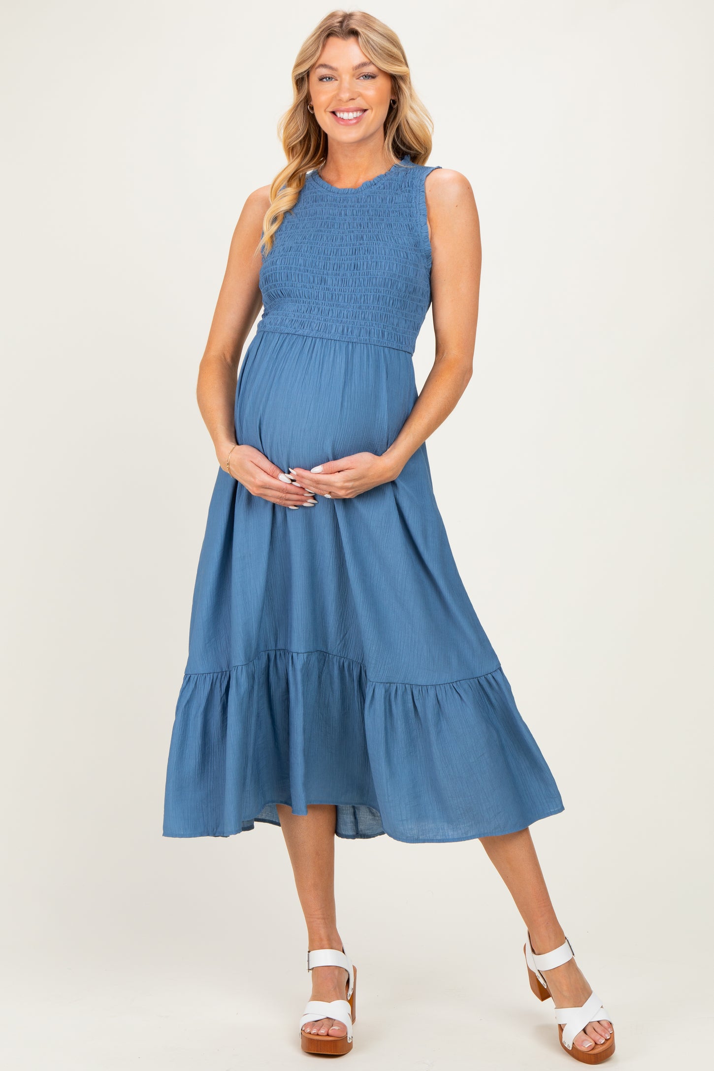 denim tiered maxi dress Judith Long Sleeve Tiered Maxi Dress