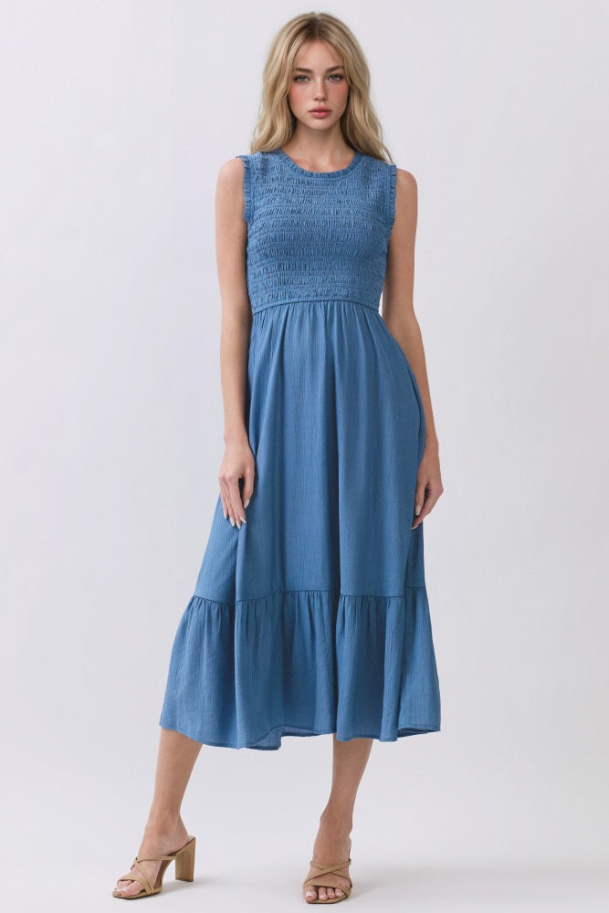 Denim Smocked And Tiered Maxi Dress – PinkBlush