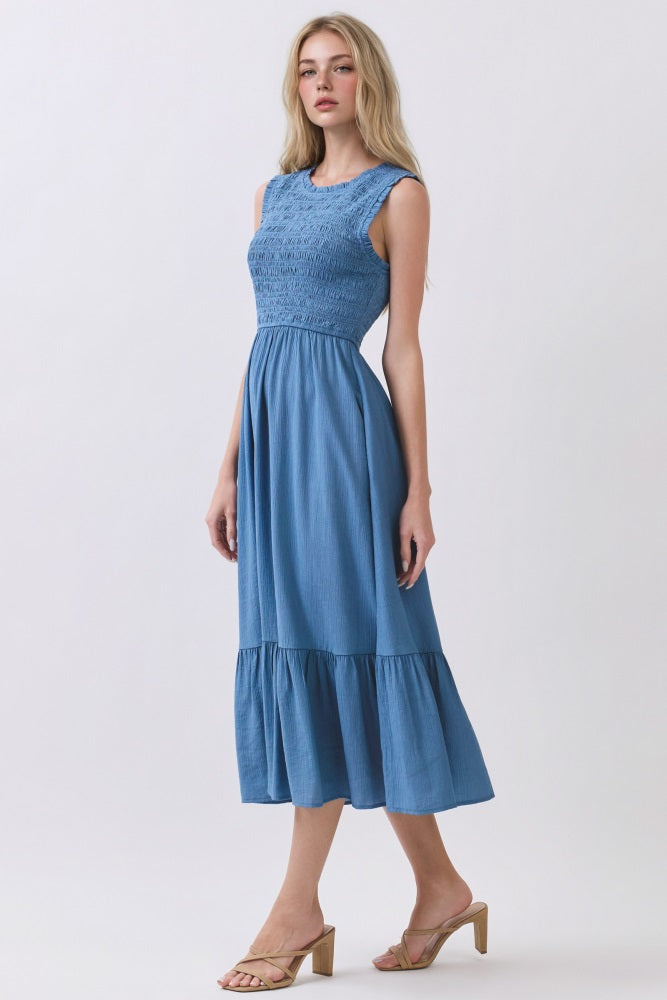 Denim Smocked And Tiered Maxi Dress