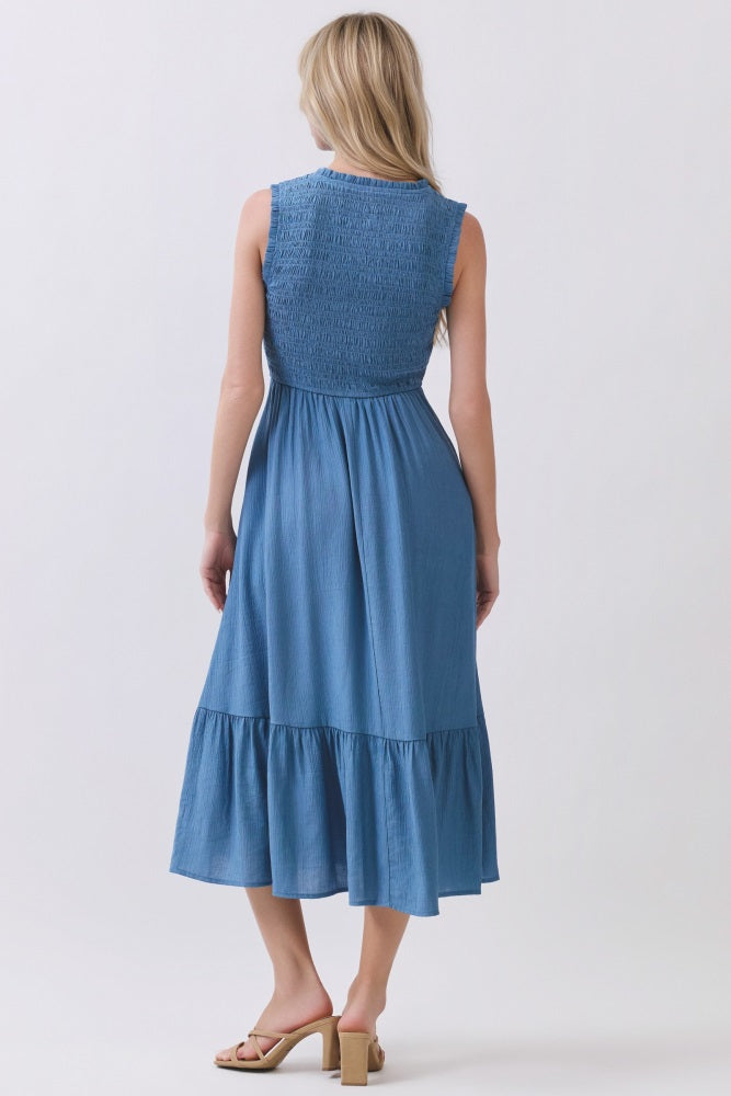 Denim Smocked And Tiered Maxi Dress