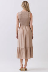 Beige Smocked And Tiered Maxi Dress