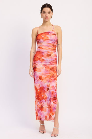 Multi Floral One Shoulder Ruched Dress