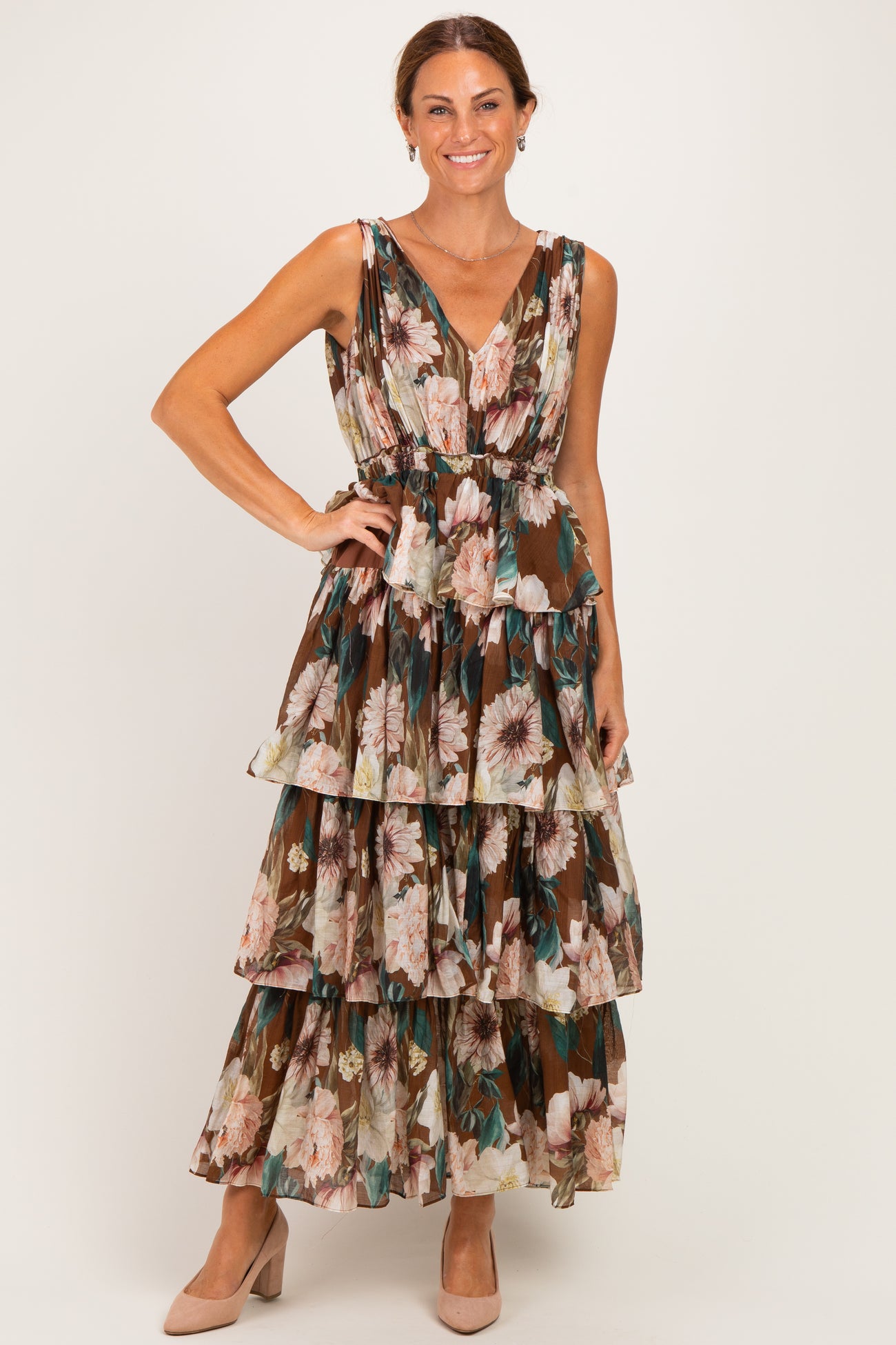 Brown Floral Sleeveless Flounce Tiered Maxi Dress