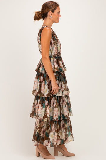 Brown Floral Sleeveless Flounce Tiered Maxi Dress