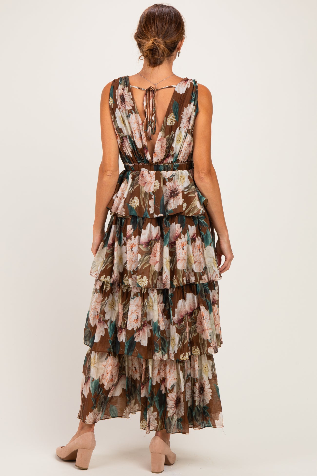 Brown Floral Sleeveless Flounce Tiered Maxi Dress