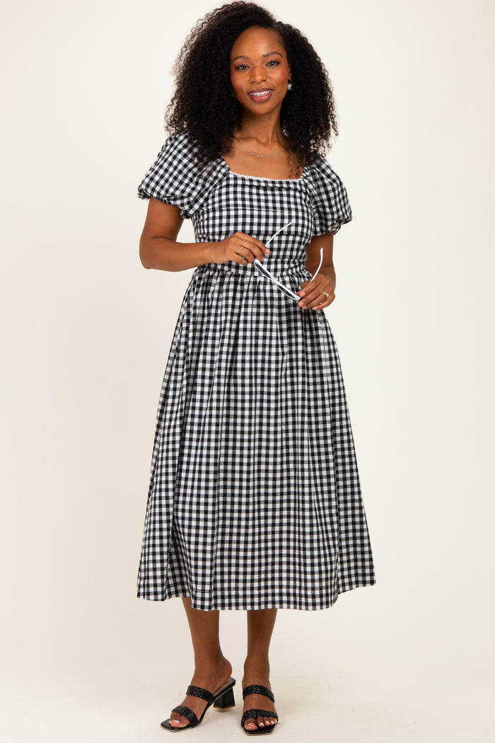 Black Gingham Lace Trim Puff Sleeve Maternity Midi Dress