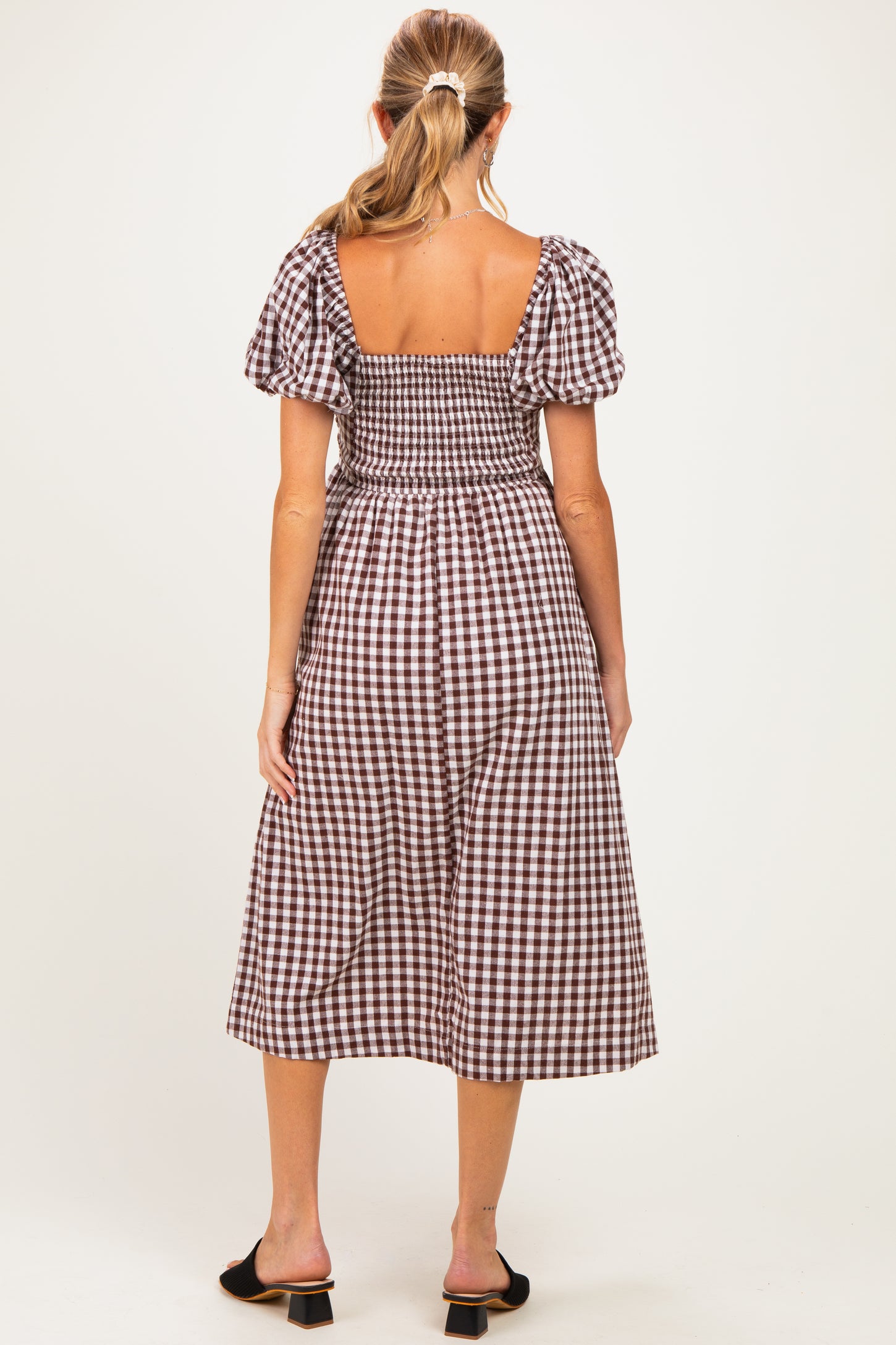 Brown Gingham Lace Trim Puff Sleeve Maternity Midi Dress – PinkBlush