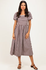 Brown Gingham Lace Trim Puff Sleeve Maternity Midi Dress