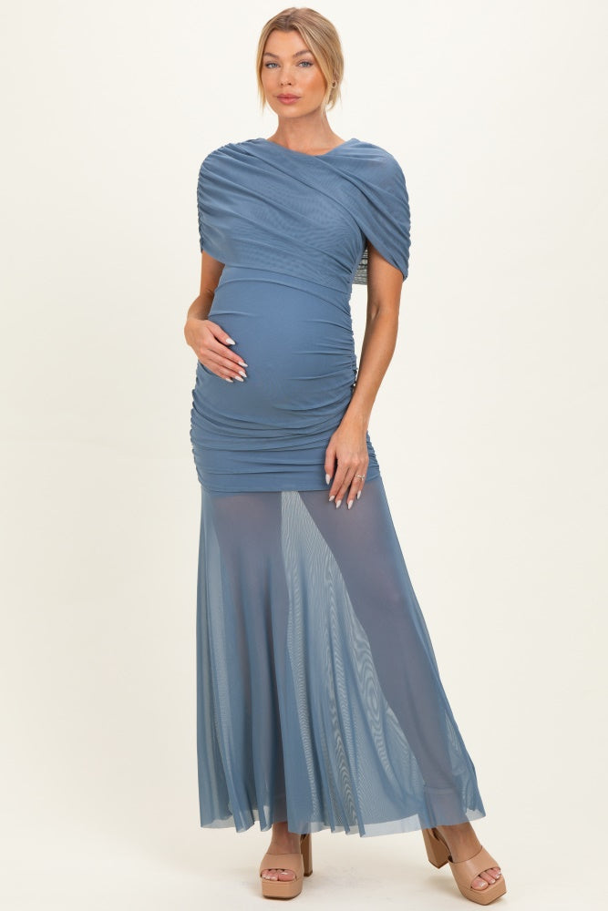 Blue Draped Bodice Ruched Mesh Maternity Maxi Dress