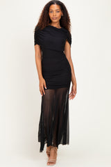 Black Draped Bodice Ruched Mesh Maxi Dress