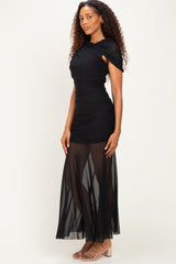 Black Draped Bodice Ruched Mesh Maxi Dress