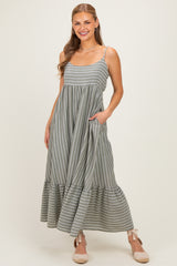 Olive/ Off White Striped Sleeveless Ruffle Hem Maternity Maxi Dress