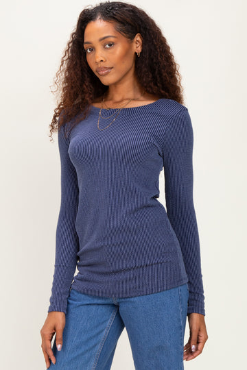 Navy Ribbed Scoop Neck Long Sleeve Top