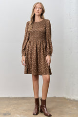 Brown Floral Smocked Long Sleeve Dress