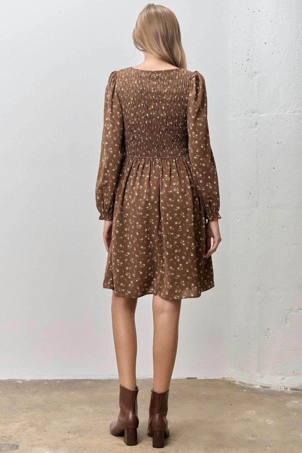 Brown Floral Smocked Long Sleeve Dress