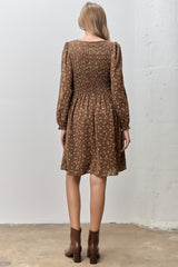 Brown Floral Smocked Long Sleeve Dress