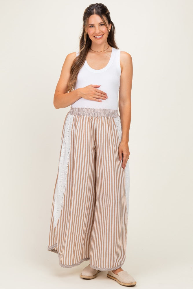 Caramel Stripe Eyelet Lace Maternity Wide Leg Pant