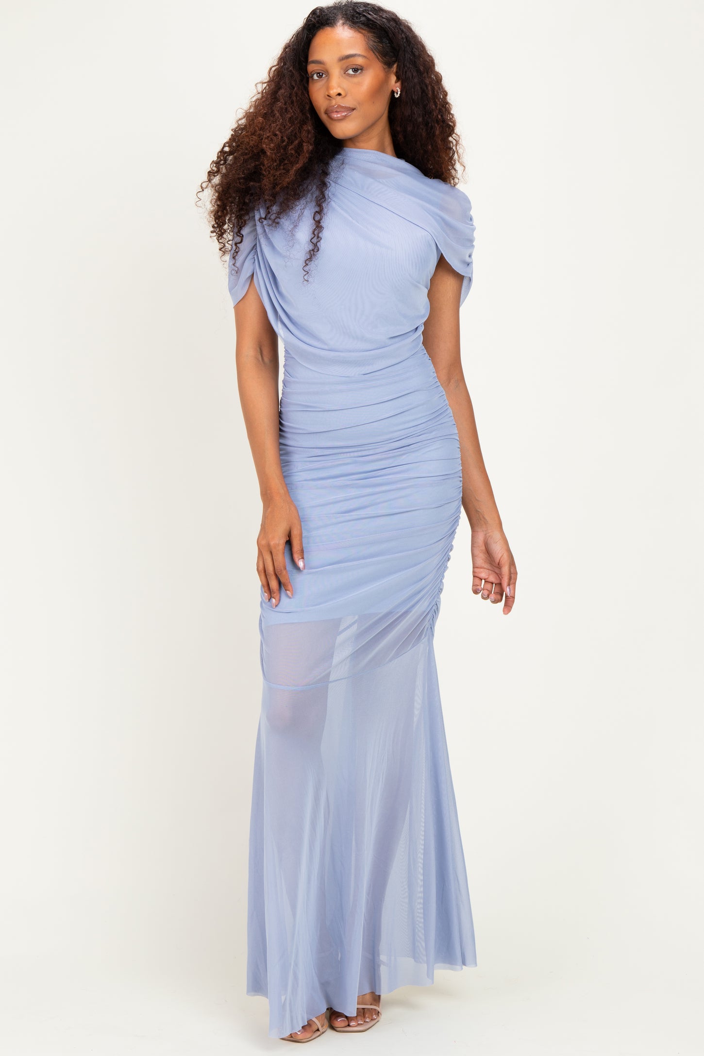 Blue Draped Bodice Ruched Mesh Maternity Maxi Dress – PinkBlush