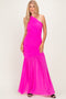 Fuchsia Pink Ruched Mesh One Shoulder Maxi Dress
