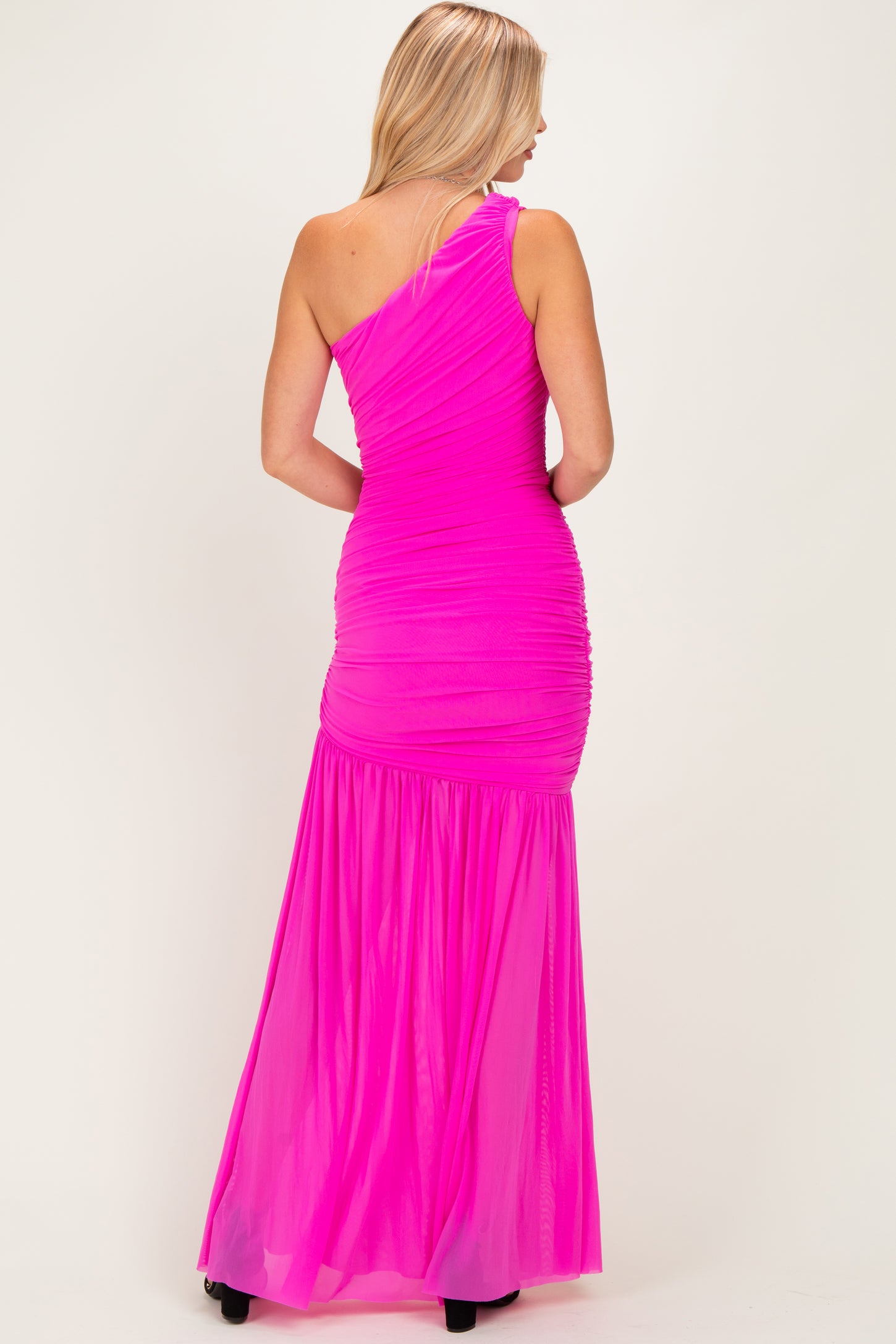 Fuchsia Pink Ruched Mesh One Shoulder Maxi Dress