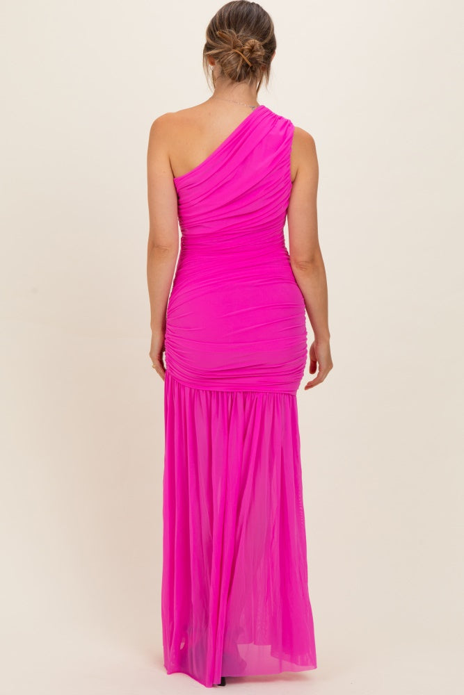 Fuchsia Pink Ruched Mesh One Shoulder Maternity Maxi Dress