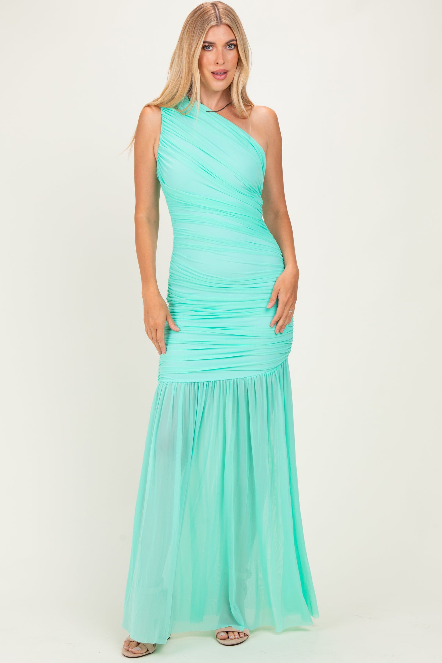 Jelly Mint Ruched Mesh One Shoulder Maxi Dress