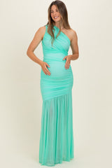 Jelly Mint Ruched Mesh One Shoulder Maternity Maxi Dress