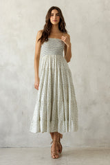 Cream Blue Floral Smocked Tiered Midi Dress