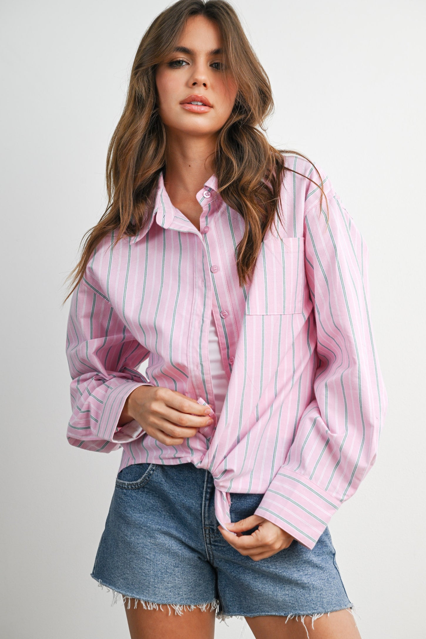 Pink Striped Long Sleeve Button Down Maternity Shirt
