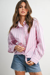Pink Striped Long Sleeve Button Down Maternity Shirt