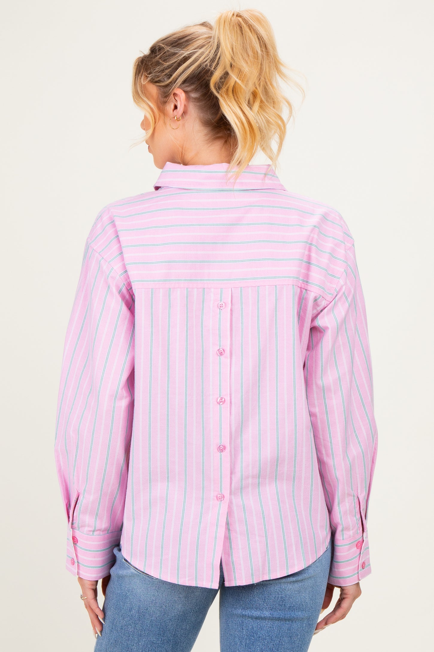 Pink Striped Long Sleeve Button Down Maternity Shirt