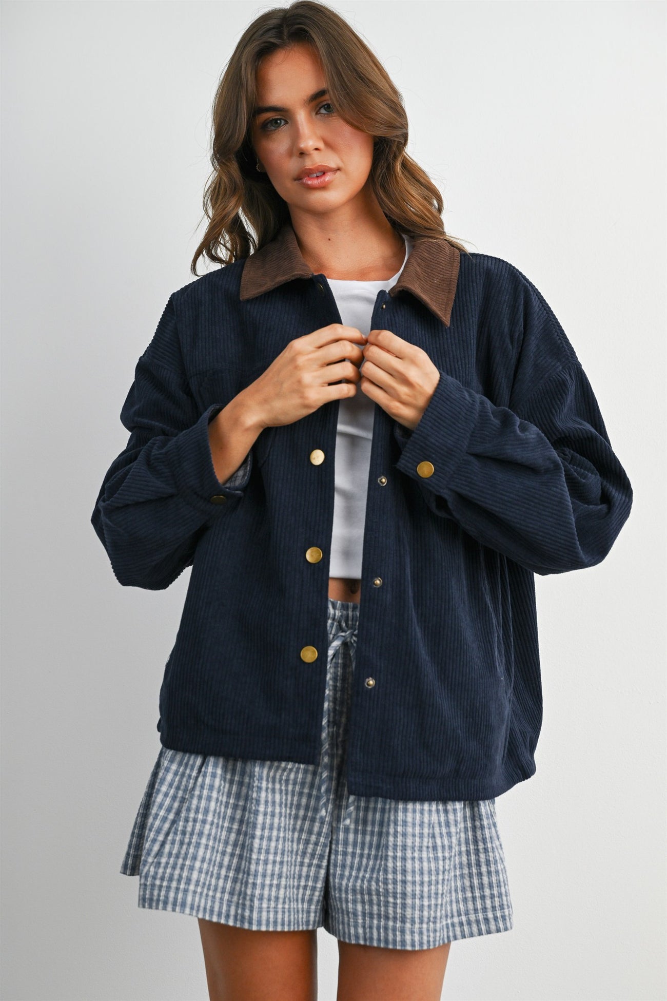 Navy Corduroy Contrast Collar Utility Jacket