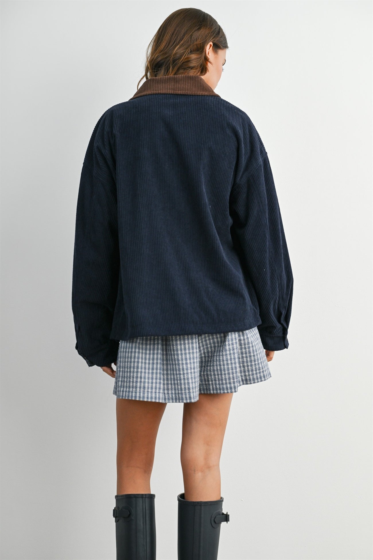 Navy Corduroy Contrast Collar Utility Jacket