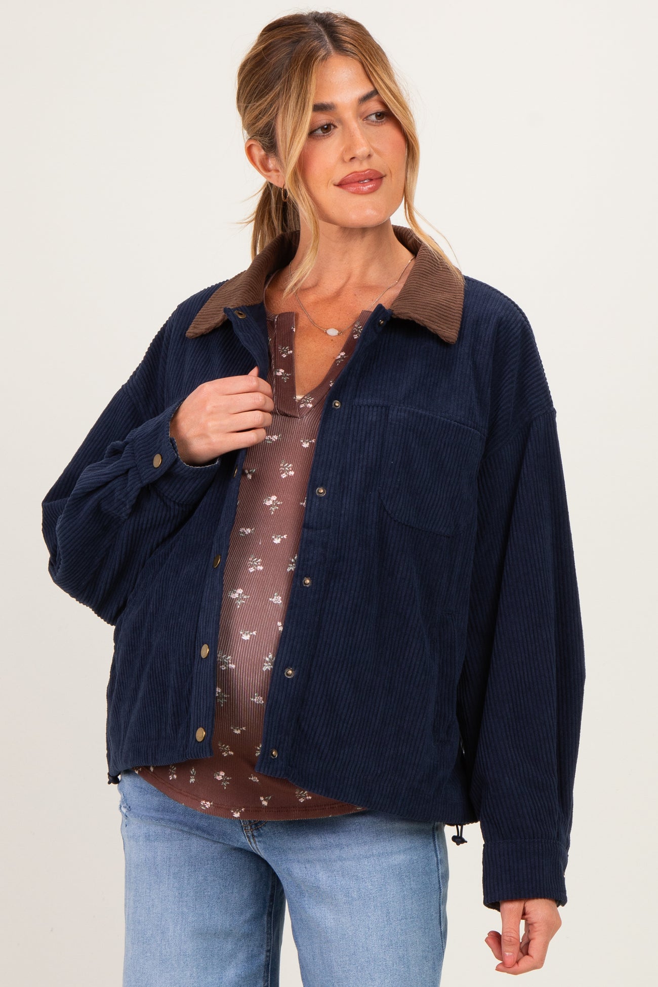 Navy Corduroy Contrast Collar Maternity Utility Jacket