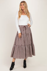 Brown Gingham Tiered Maxi Skirt